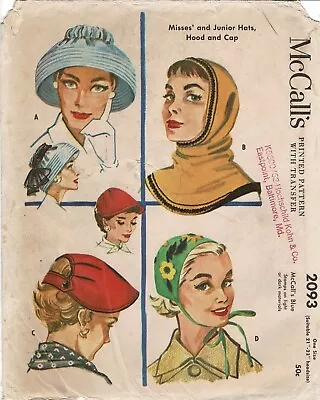 Ladies HOOD Cap SUNHAT Hat Sizes 21½-23  McCall's 2093 Vtg 1956 Sewing Pattern • $6.50