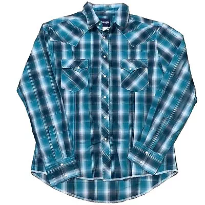 Wrangler Button Up Shirt Mens Large  Turquoise Blue Plaid Pearl Snap VERY NICE • $19.96