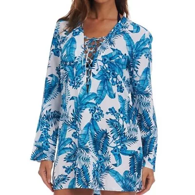 La Blanca Tranquility LS Lace Front Swimsuit  Cover-Up Sz S Aquamarine • $29.99