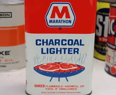 GRAPHIC ~ FULL NEAR MINT ~ Dated 1964 MARATHON CHARCOAL LIGHTER Old Tin Oil Can • $85