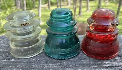 3 Vintage Glass Insulators-red-clear-green-Hemingray 46-56-42 • $9.99