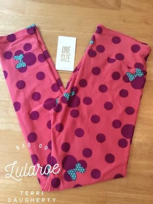 LLR One Size Disney Leggings Maroon Minnie Mouse Heads Green Bows On Pink • $4.99