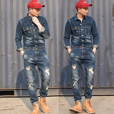 Mens Denim Jumpsuits Overalls Jeans One Piece Work Pants Playsuits Dungarees Hot • $74.39