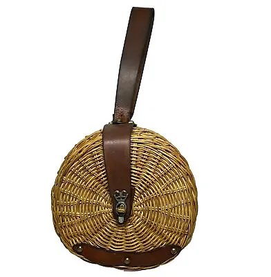 Vintage John Romain Hand Bag Round Wicker & Leather 1960’s Purse Brass Turn Lock • $49.94