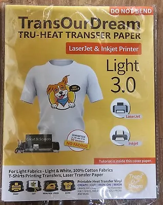 TRANSOURDREAM TRU-Heat Transfer Paper Light  3.0 For T-Shirts 20 Sheets 8.5x11 • $10