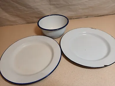 Vintage Hong Kong Falcon Enamel Plate White & Blue And Other Enamel Plate+bowl • £10