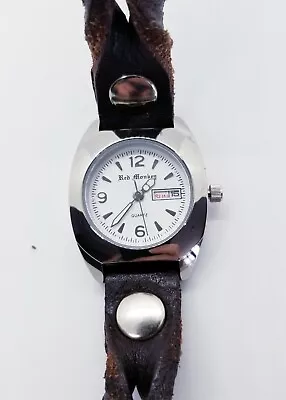 Vintage Red Monkey Day/Date Watch Silver Turquoise Brown Leather Wrap Watch • $85