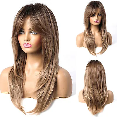 Long Straight Brown Blonde Layered Hair Wigs With Bangs For Women Cosplay Daily • £21.07