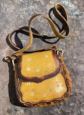 Vintage Leather Purse Hand Painted Floral Tooled Embossed Bag 5” Mid-Late 20th C • $44.99