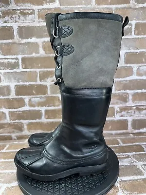 UGG Australia Belcloud Black Gray Leather Sherpa Lined Boots 3228 Womens Size 7 • $39.99