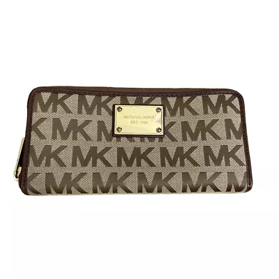 Michael Kors Jet Set Continental Logo Wallet Zip Around Beige Ebony Mocha • $50