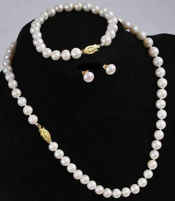 $7.99 • Buy Real Natural 7-8MM White Akoya Cultured Pearl Necklace Bracelet Earring Set