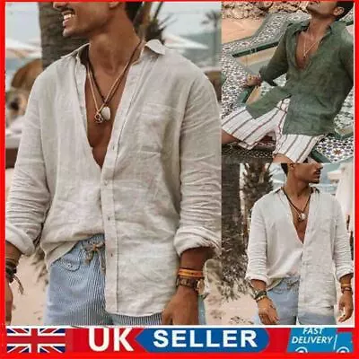 Men's Casual Shirt Button Down Cotton Linen Loose Fit Long Sleeve Caual Shirt UK • £8.55