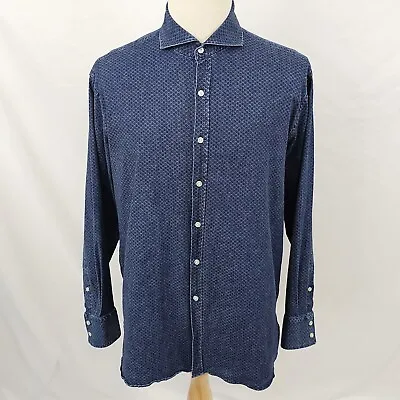 Michael Bastian  Geometric Floral Print Shirt Blue Cutaway Collar Stretch XL EUC • $17.99