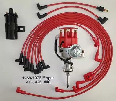 MOPAR 413-426-440 Red SMALL HEI Distributor+Black 45K Volt Coil+Spark Plug Wires • $156.88