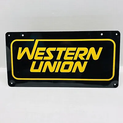 Vintage Double Sided Western Union Advertising Sign 16” X 8” Metal Black Yellow • $31.99