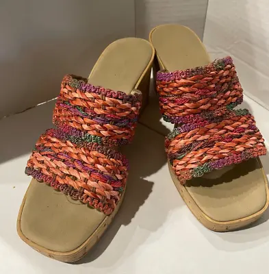 ONEX ZULU SLIDES- Multi Weave Straw Pink/Orange/Blue Cork Platform Size 8M • $32.89