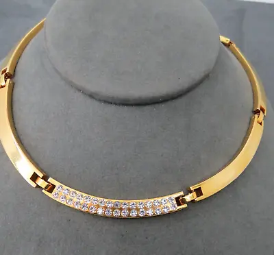 Vintage Choker Solid Necklace Gold Tone Rhinestones Collar Curved Links Shiny • $9.99