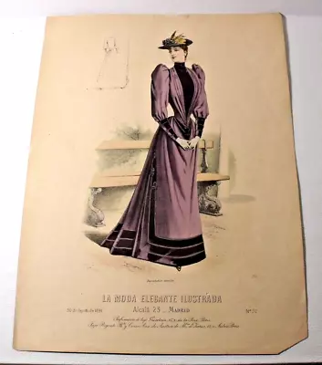 1891 Antique French Hand Colored LA MODE ELEGANTE ILLUSTRADA Fashion Print (32) • $18