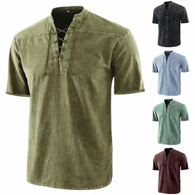 Mens Summer Casual Solid Short Sleeve T Shirt Grandad Collar Tops Muscle Shirts • £13.59