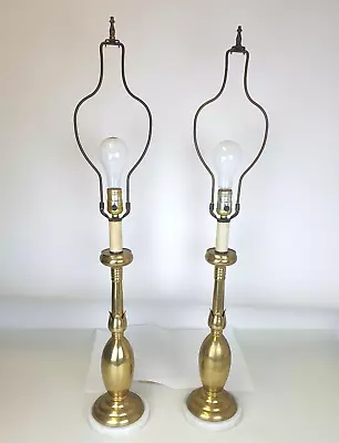 Vintage Pair Of Brass & Marble Torch/Tulip Column Table Lamp Hollywood Regency • $209.99