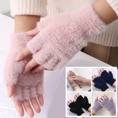 Women's Winter Warmer Fingerless Gloves Faux Rabbit Fur Suede Wrist Solid Mitten • $2.92