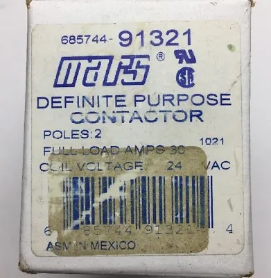 Mars 91321 Definite Purpose Contactor 2 Pole 30A 24VAC NEW In BOX • $14.95