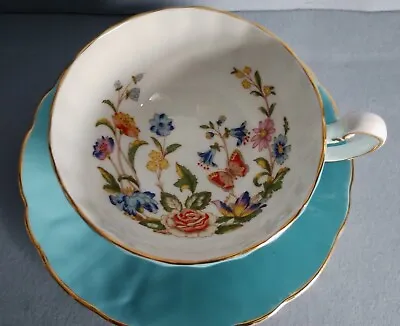 Vintage Aynsley Cottage Garden Turquoise Cup And Butterfly Saucer [18f] • £25