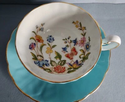 Vintage Aynsley Cottage Garden Turquoise Cup And Butterfly Saucer [18f] • £25