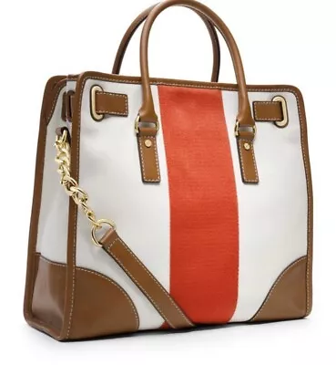 New Michael Kors Hamilton Large Mono Stripe Satchel Bag MANDARIN Brown Tote New • $118