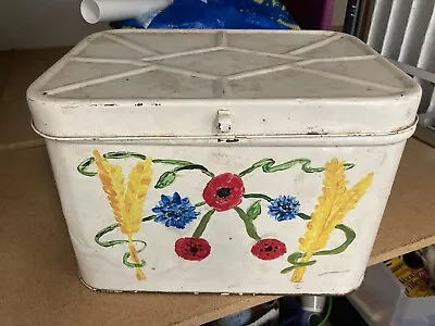Vintage 1950s Tin/Metal BREAD BOX White With FLOWERS Yellow Floral Vented NICE! • $24.99