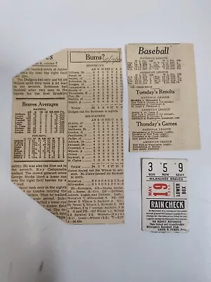 1953 May 19 Milwaukee Braves V. Brooklyn Dodgers Ticket Stub W/ Box Scores ++ • $42.42