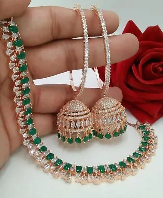 $44.15 • Buy Ethnic Indian Gold Plated Bollywood Bridal AD Necklace Jewelry Set Earrings