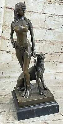 Signed Original Cesaro Egyptian Queen W/Guard Dog Bronze Marble Sculpture Decor • $179.50