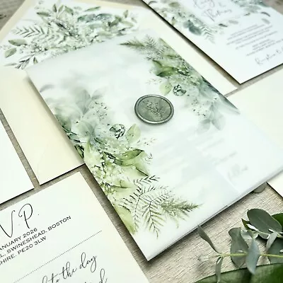 Sage Botanical Greenery Wedding Invitation With Vellum Wrap & Wax Seal - Sample • £2.50