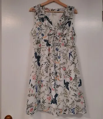 H&M Mama Midi Dress Women's Size M Garden Flower Blue Crane Bird High Tie Waist  • $22