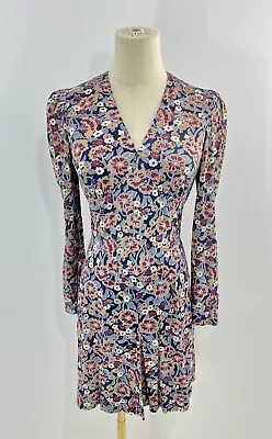 Vtg 90s Grunge MINI Dress SILKY Nylon Floral Long Sleeve Vneck FIT & FLARE Party • $50