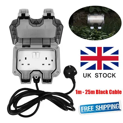 Outdoor Outside Socket Box External Double UK Plug With Cable 1m-25m Black Cable • £16.19