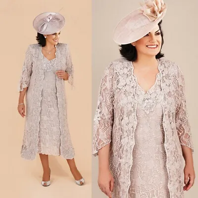 Lace Mother Of The Bride Dress With Jacket V-Neck Tea Length Wedding Party Gowns • $125.70