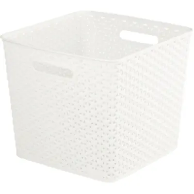 Curver Nestable Rattan Basket Large Storage Plastic Wicker Tray Vintage White • £9.99