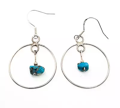 Rough Turquoise Gemstone Sterling Silver Vintage Hoop Drop Dangle Earrings 925 • $23.40