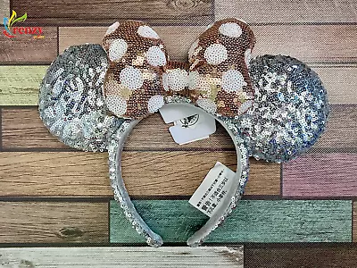 Mickey Mouse Disney Parks Polka Dot Ears Rose Gold Silver Sequins Headband • $17.49