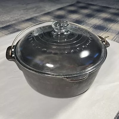 Wagner Cast Iron 10-1/2 Dutch Oven & Glass Lid 5 Qt Made In USA Unmarked • $45