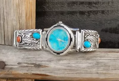 Unisex Vintage Native American Navajo Men's Women's Coral Turquoise Watch • $225