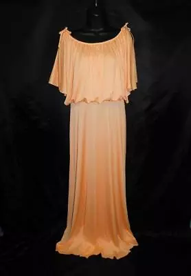 Vintage 70s M Apricot Peach Pink Off Shoulder Maxi Dress Slit Sleeve Capelet • $24.99