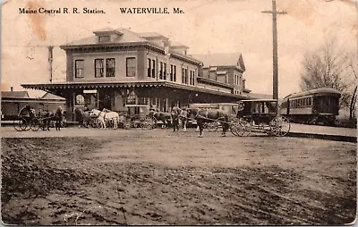 1900s Postcard Maine Central Railroad Station Waterville ME Horse And Carriages • £15.39