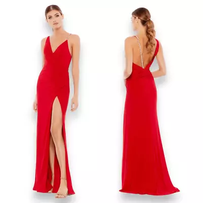 Mac Duggal Pearl Strap Thigh Slit Lowcut Back V Neck Red Gown Dress Size 6 25632 • $180
