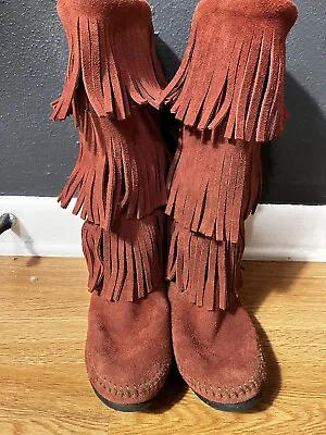 Vintage Minne-tonka Suede Moccasin Boots Sz 7M  Red 3  Layered Fringe Flat Sole • $24.50