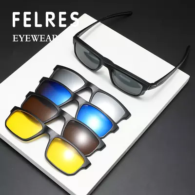 5 In 1 Square Magnetic Clip On Polarized Sunglasses Men Clear Lens Glasses Frame • $17.50