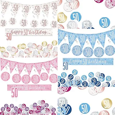 50th Birthday Decoration Kit Blue Rose Gold Pink Banners Bunting Confetti Candle • £10.99